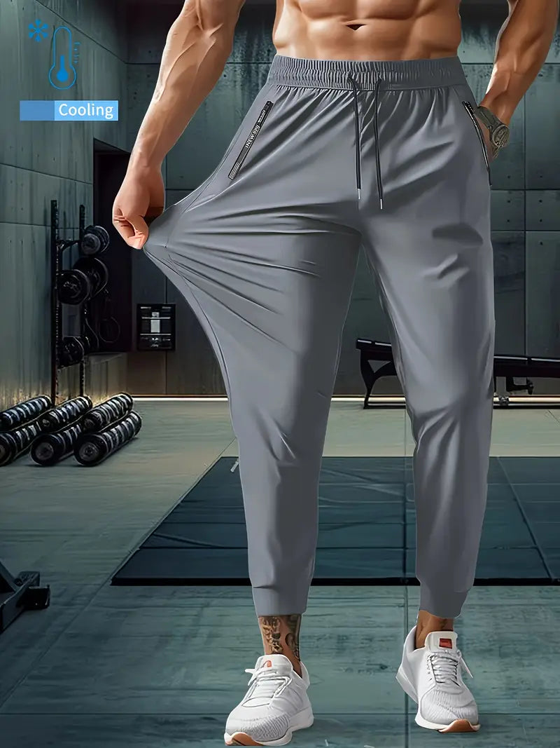 Men'S High-Elasticity 9/10 Leggings - Black, Casual Running & Fitness Pants with Pockets, Comfortable Cropped Design for Outdoor Activities, Workout Leggings, Smooth Texture Fabric