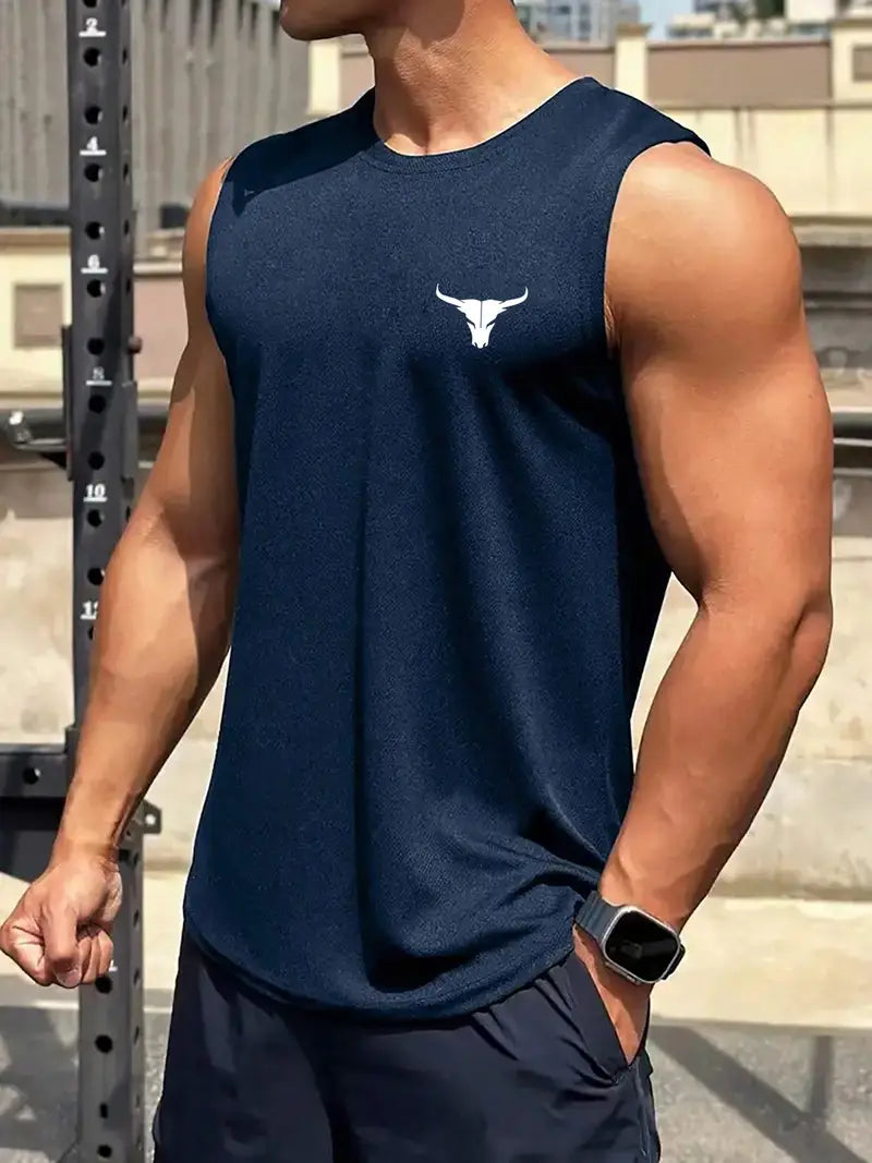 Men's Summer Athletic Tank Top - Breathable, Sweat Absorbent, Loose Fit Sleeveless Shirt for Gym, Training & Basketball - White with Black Bull Head Design, Gym Apparel | Sweat Absorbent Fabric, Gym Shirts