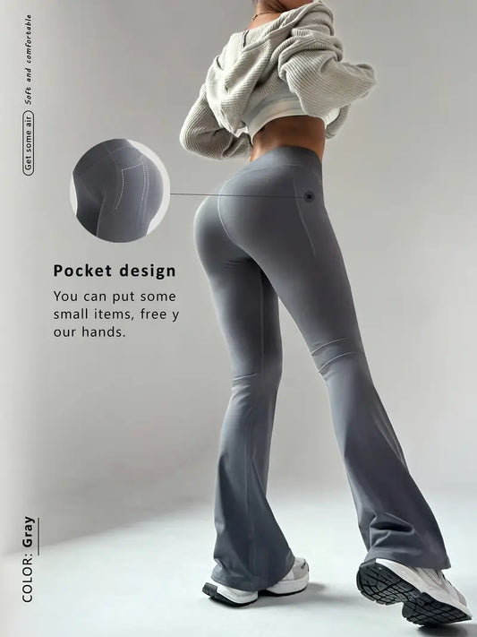 Women'S High-Waist Pocketed Flare Leg Yoga Pants - Light Gray, Stretchy & Breathable for Fitness, Exercise, and Outdoor Activities, Wear Pants|Minimalist Design|Pocket Design