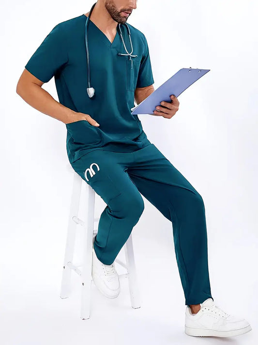 Men'S Summer V-Neck Scrubs Set - Navy Blue, Multi-Pocket, Professional Workwear with Stethoscope Detail, Casual Style for Medical Professionals, Medical Scrubs|Casual Workwear|Functional Pockets, Scrubs for Doctors