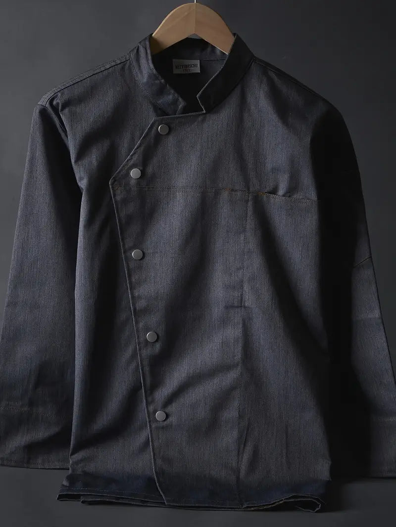 Premium Men's Chef's Long Sleeve Workwear - Polyester, Machine Washable, Solid Color with Stand Collar for Restaurants & Hotels, Basic Style, Conventional Version