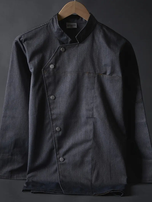 Premium Men's Chef's Long Sleeve Workwear - Polyester, Machine Washable, Solid Color with Stand Collar for Restaurants & Hotels, Basic Style, Conventional Version