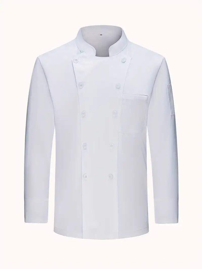 Professional Chef Coat - Heavy-Duty Stand Collar Baking & Uniform, White with Black Trim, Non-Stretch Chef Jacket for Restaurant, Hotel, Catering - Easy-Care Workwear (Standards Compliant)